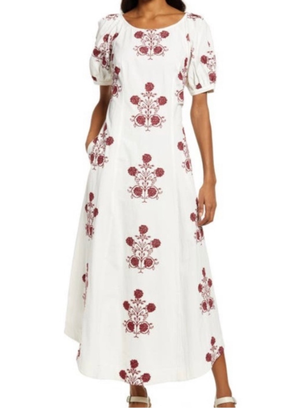 Free People cactus embroidery White Maxi Dress with Red Floral Embroidery